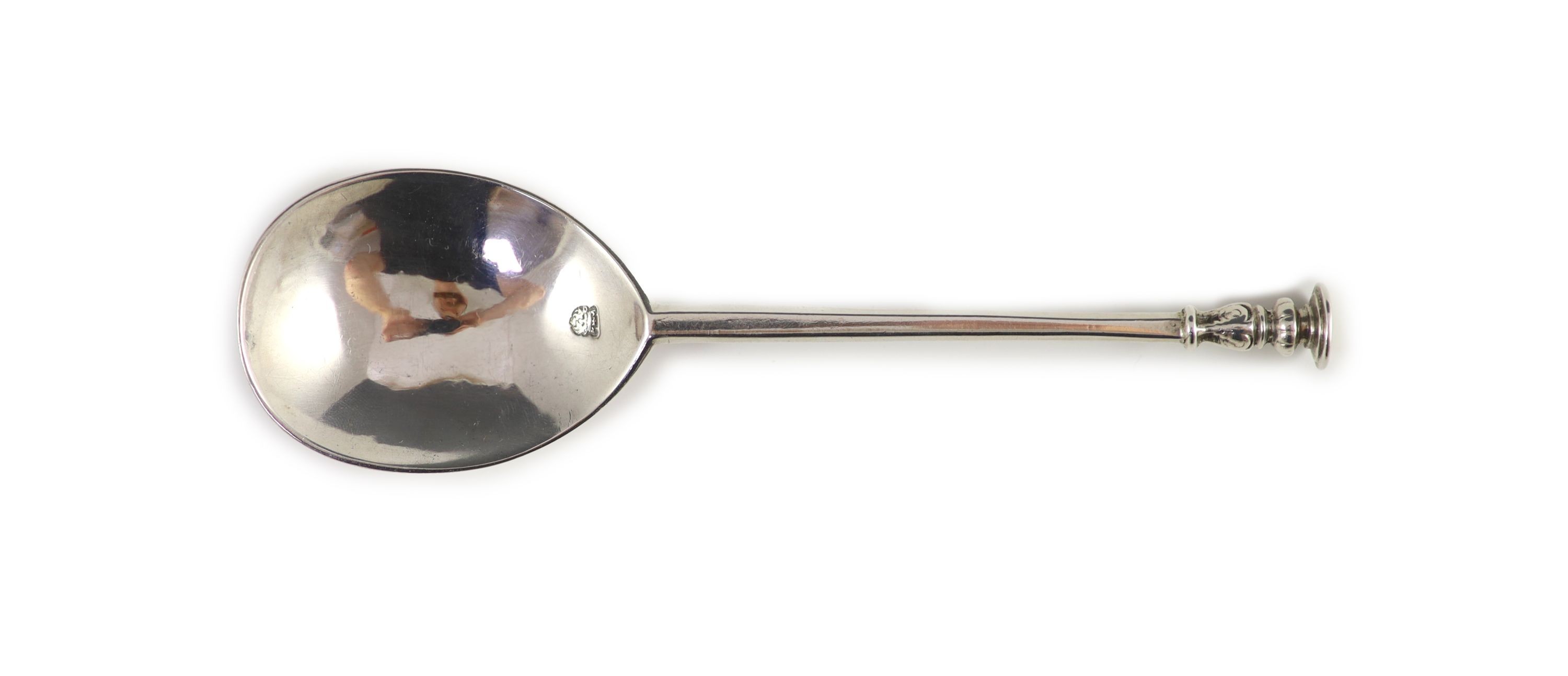A Charles I silver seal top spoon, inscribed ‘M’ to terminal, ‘M T’ to the bowl reverse, London, 1638, marker’s initials T.P, length 17cm long, 1.5oz.